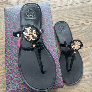 Tory Burch Black Jelly Thong Sandals with Gold Logo